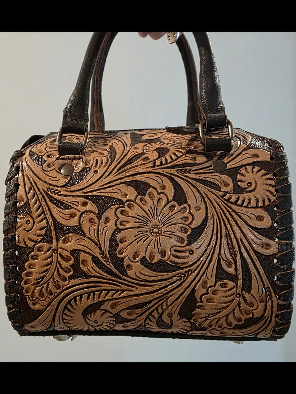 Hand-Tooled Brown Leather Satchel with Turquoise Concho